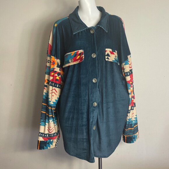 Rowdy Crowd Clothing Women Top 3X Button Up Southwest Aztec Cowboy Velour Velvet - Picture 1 of 16